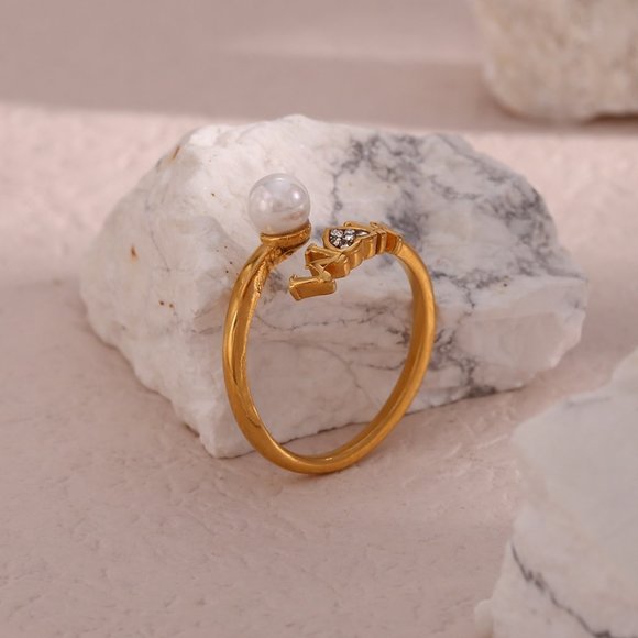 Mom Adjustable Pearl Zircon Heart Stackable Ring 18K Gold Plated Stainless Steel - Picture 9 of 11